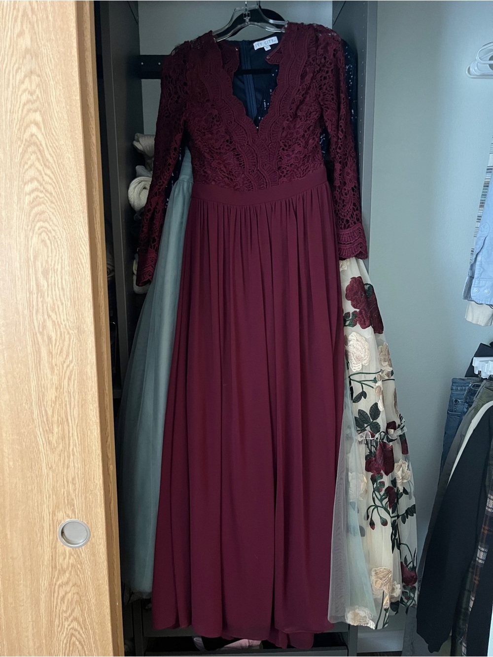 Lulu's Burgundy Lace Bodice Long Sleeve Prom Dress